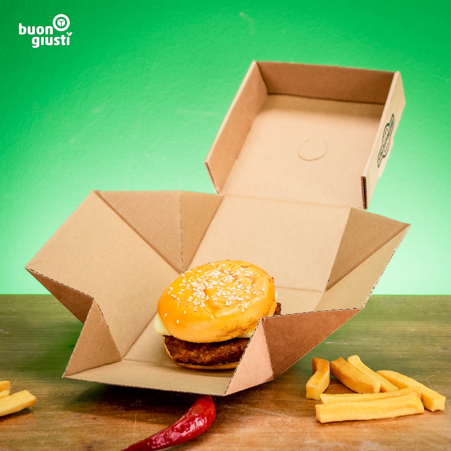 400x Bio Burger-Box Wellpappe 12x12x10 cm Motiv "Burger" Faltdeckel, braun - Burger - buongiusti AG - personalisiert ab 100 Stück