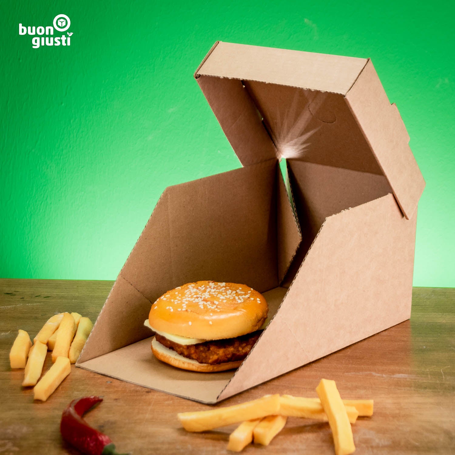 300x Bio Burger-Box Wellpappe XL Format 14x14x12 cm Faltdeckel braun - Burger - buongiusti AG - personalisiert ab 100 Stück