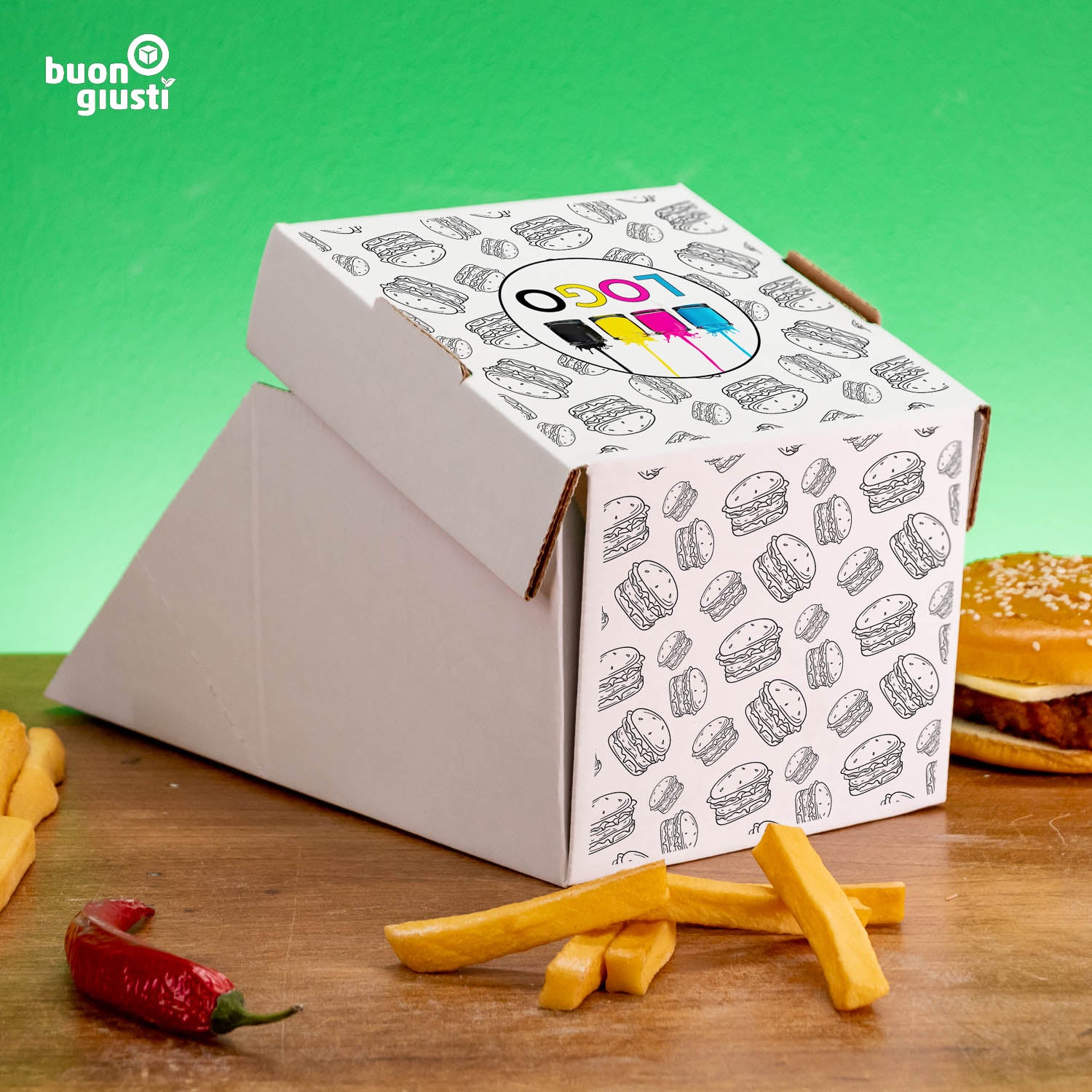 300x Bio Burger-Box XL Personalisiert 14x14x12 cm Wellpappe Faltdeckel weiß | Gedruckt in 3 Tagen! - Burger - buongiusti AG - personalisiert ab 100 Stück