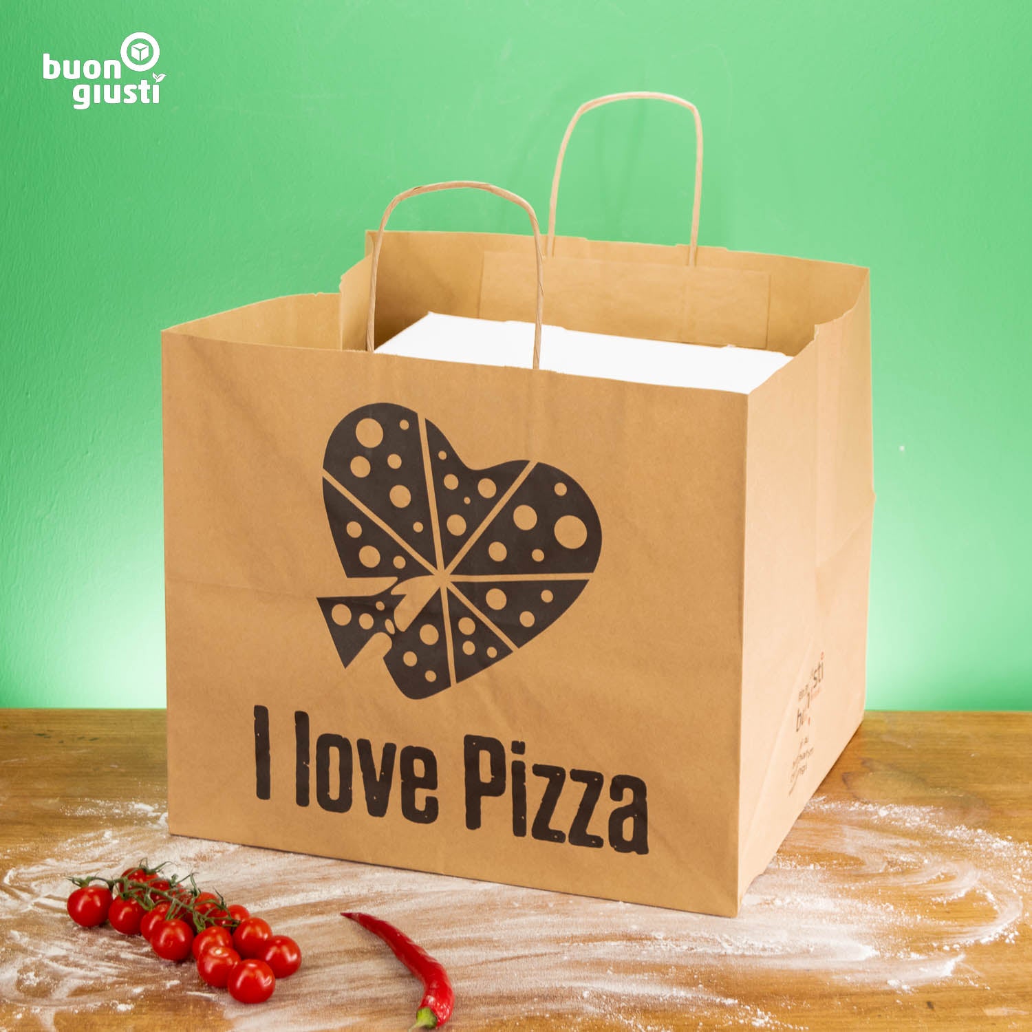200x Pizzabag 36+33x32 cm 110g "I LOVE PIZZA" Motivdruck - Die Papiertüte für 6 Pizzen - Tüte - buongiusti AG - personalisiert ab 100 Stück