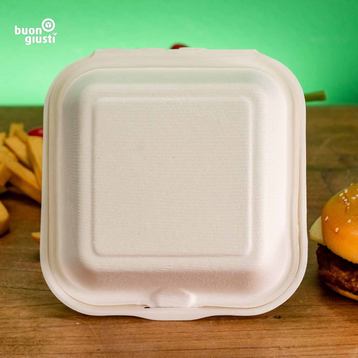 500x Zuckerrohr Bio Burger-Box  für Take-away 14x15x8 cm - Burger - buongiusti AG - personalisiert ab 100 Stück