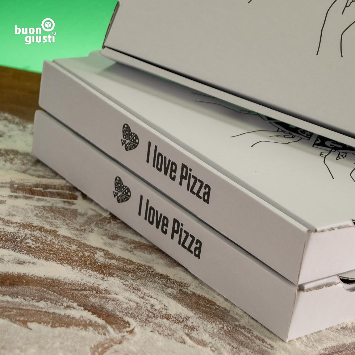 200 Stk. | 28x28x4 cm Pizzakarton Doppel-Kraft "I LOVE PIZZA" Motivdruck - Pizzakarton - buongiusti AG - personalisiert ab 100 Stück